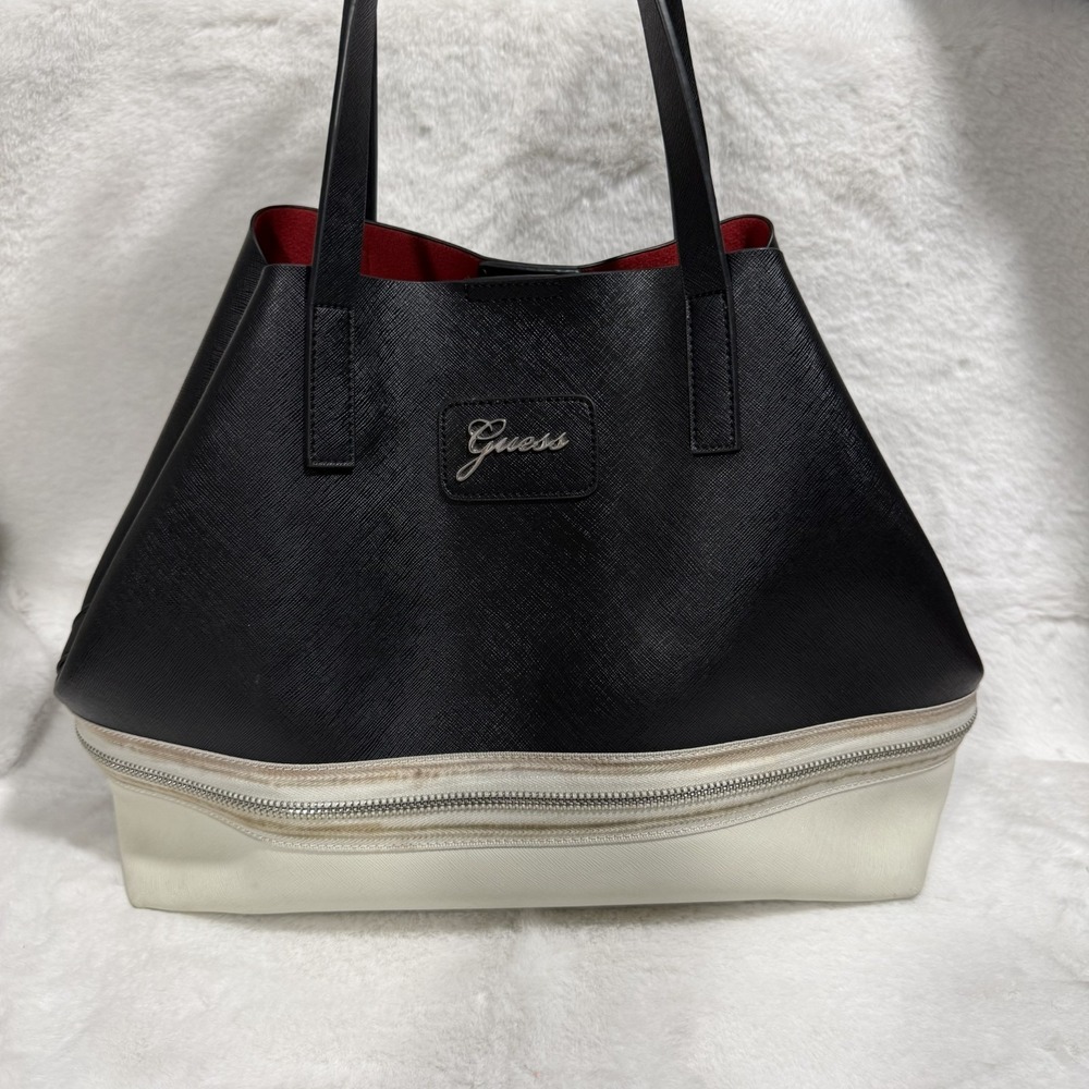 Guess Reversible Tote Bag Black Red White Large Shopper Shoulder Bag Faux Leathe